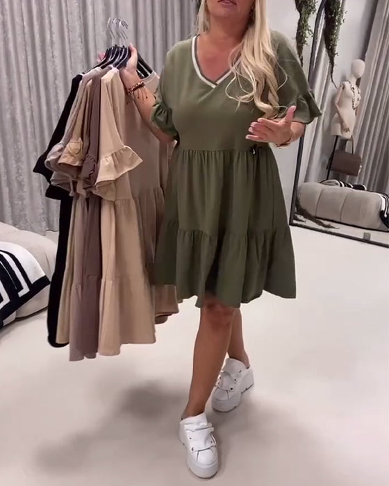 Kleid V-Ausschnitt Rüschenärmel A-Linie