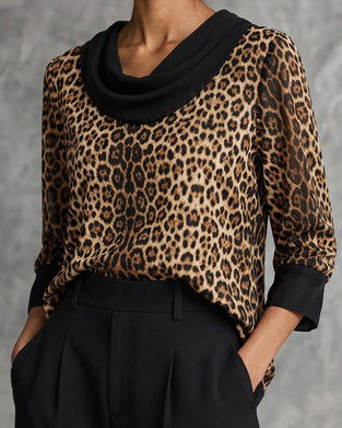 Bluse Mock Neck Leopard Ellenbogenlang Ärmel