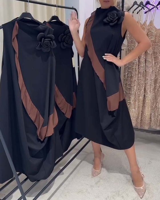 Kleid Dreidimensional Blütenblatt Rüsche Farbkontrast Ärmellos