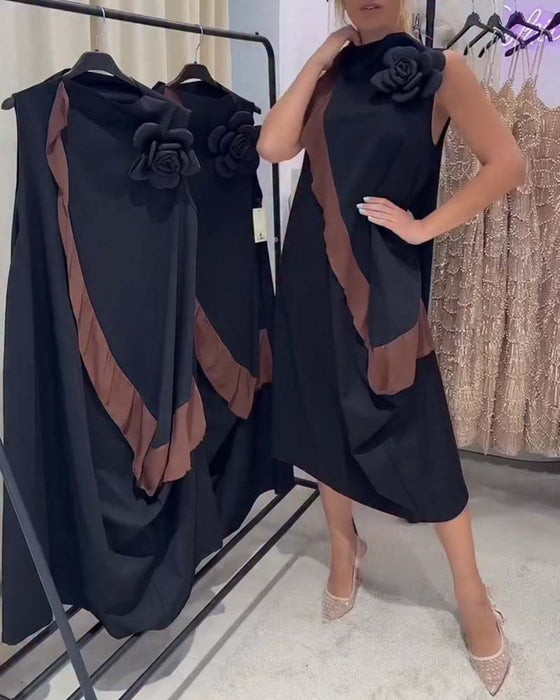 Kleid Dreidimensional Blütenblatt Rüsche Farbkontrast Ärmellos