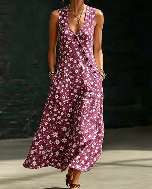 Kleid Kleine Blumen Asymmetrisch Knopf Ärmellos