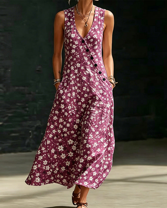 Kleid Kleine Blumen Asymmetrisch Knopf Ärmellos