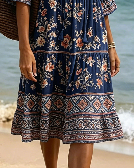 Kleid V-Ausschnitt Ethnisch Blumig Patchwork