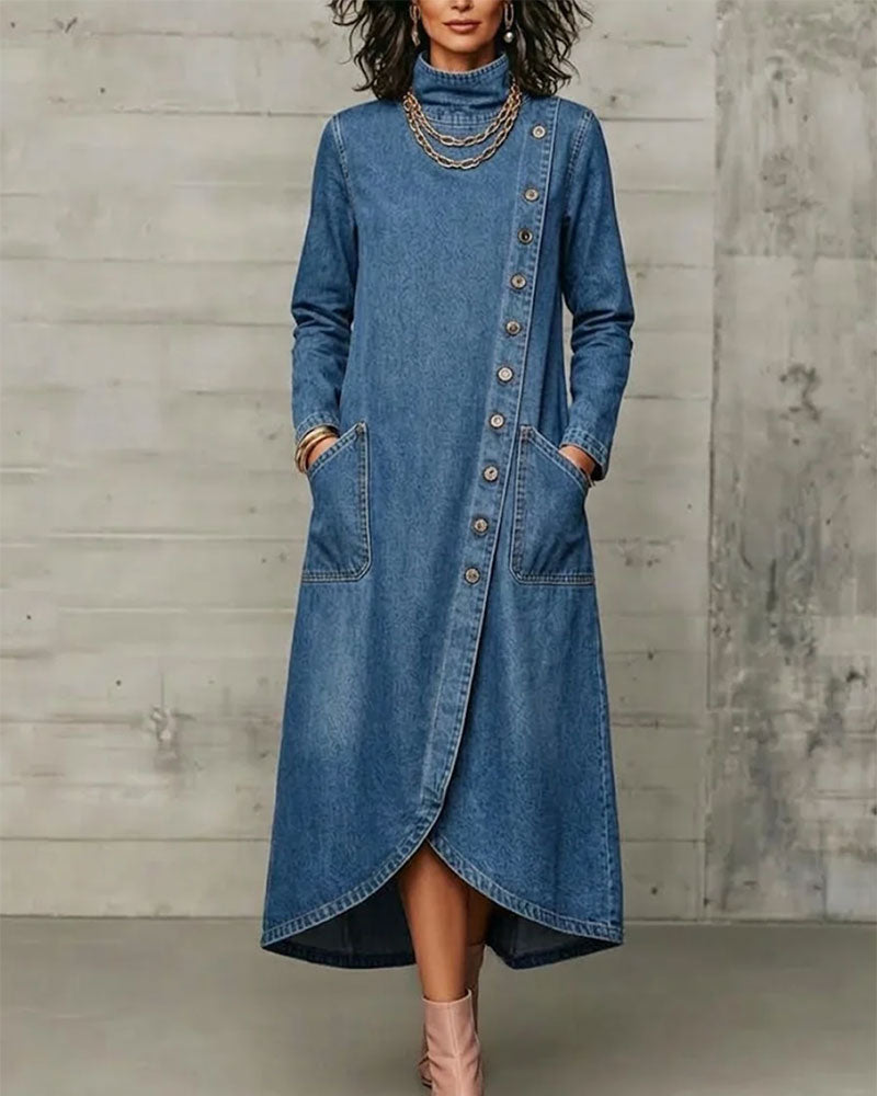 Kleid Hoher Kragen Knopf Tasche
