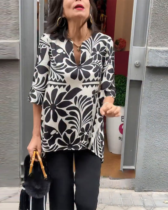 Bluse Vintage Halber Ärmel Bedruckt