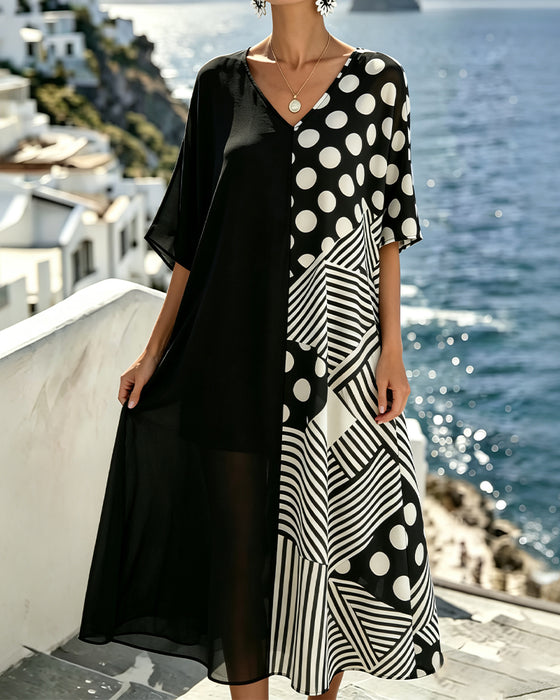 Kleid V-Ausschnitt Polka Dot Streifen Patchwork
