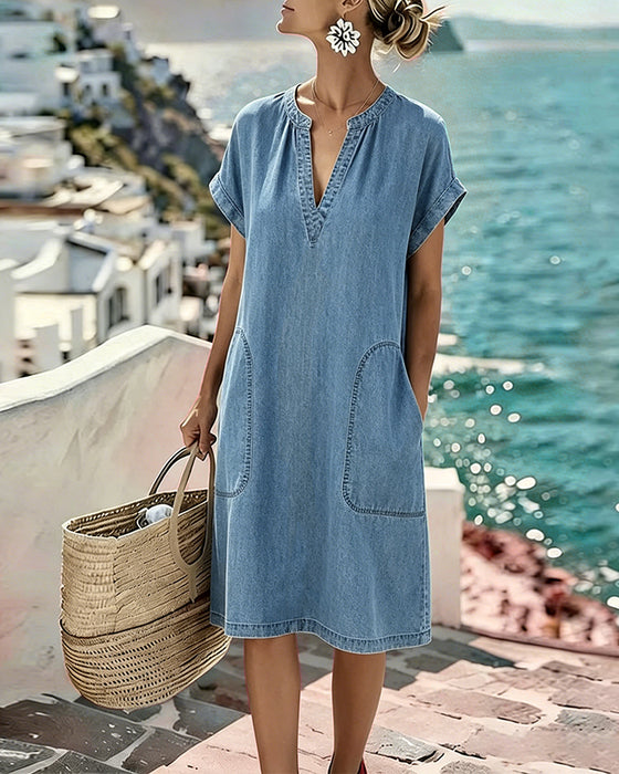 Kleid V-Ausschnitt Kurzarm Taschen