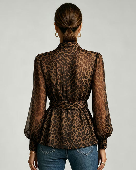 Bluse Leopard Druck Stehkragen Puff Ärmel Schnürung