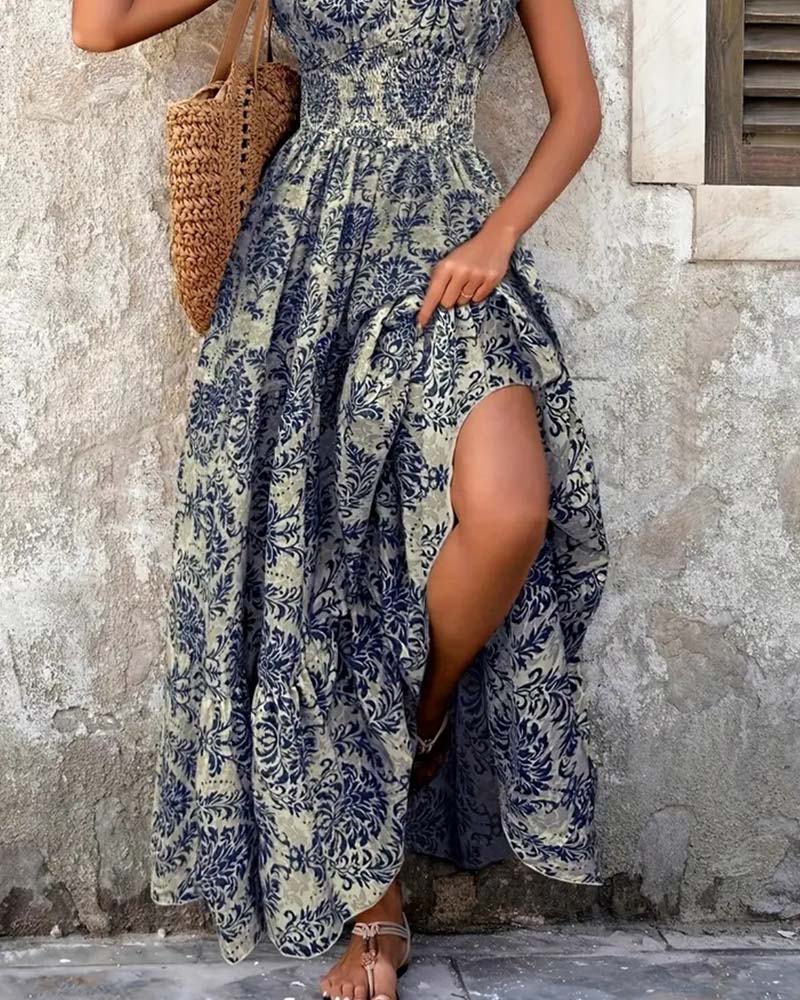 Kleid Retro Print V-Ausschnitt Tailliert Lang