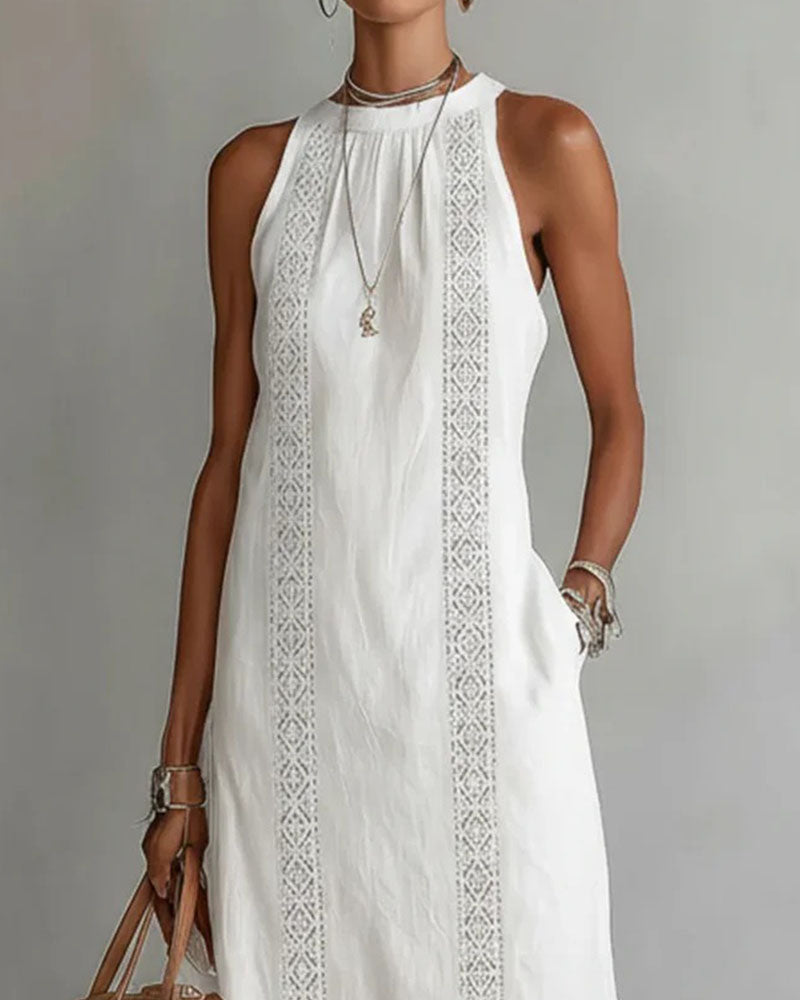 Kleid ärmellos Spitze Patchwork Leinen Baumwolle Midi