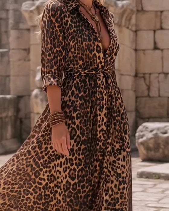 Kleid Leopardenmuster A-Saum Träger Lang