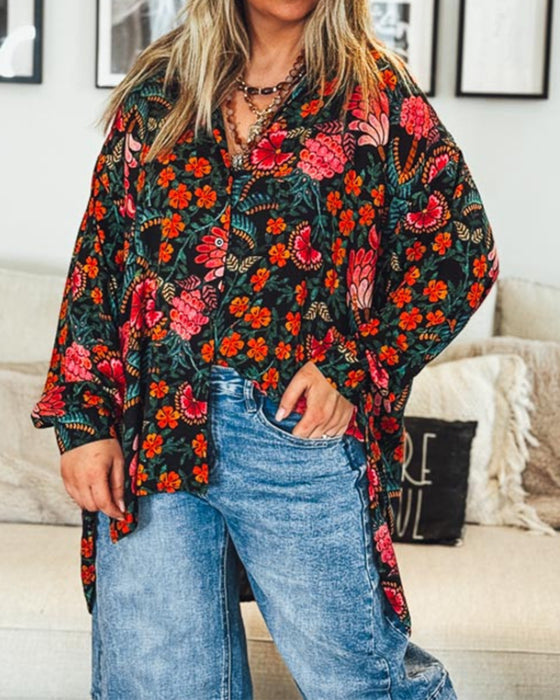 Hemd Blumenprint lockere Passform langärmlig