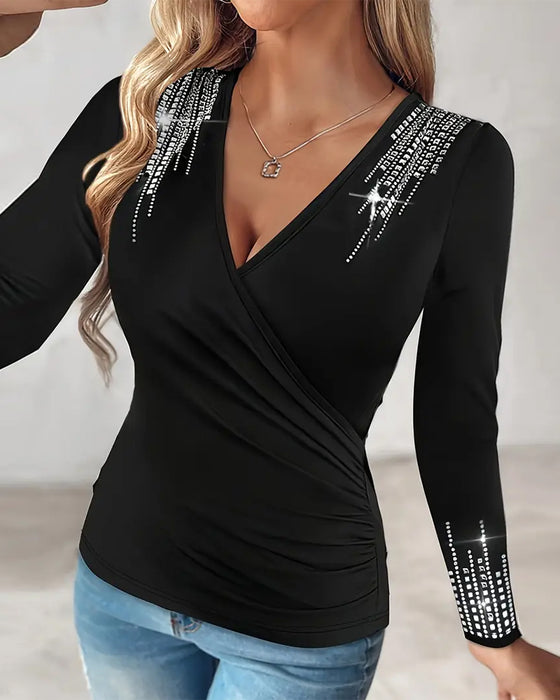 Top Modisch V-Ausschnitt Diamant Langarm