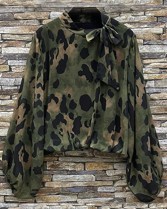 Bluse Tarnung Leopard Druck Schal Binden Puffärmel