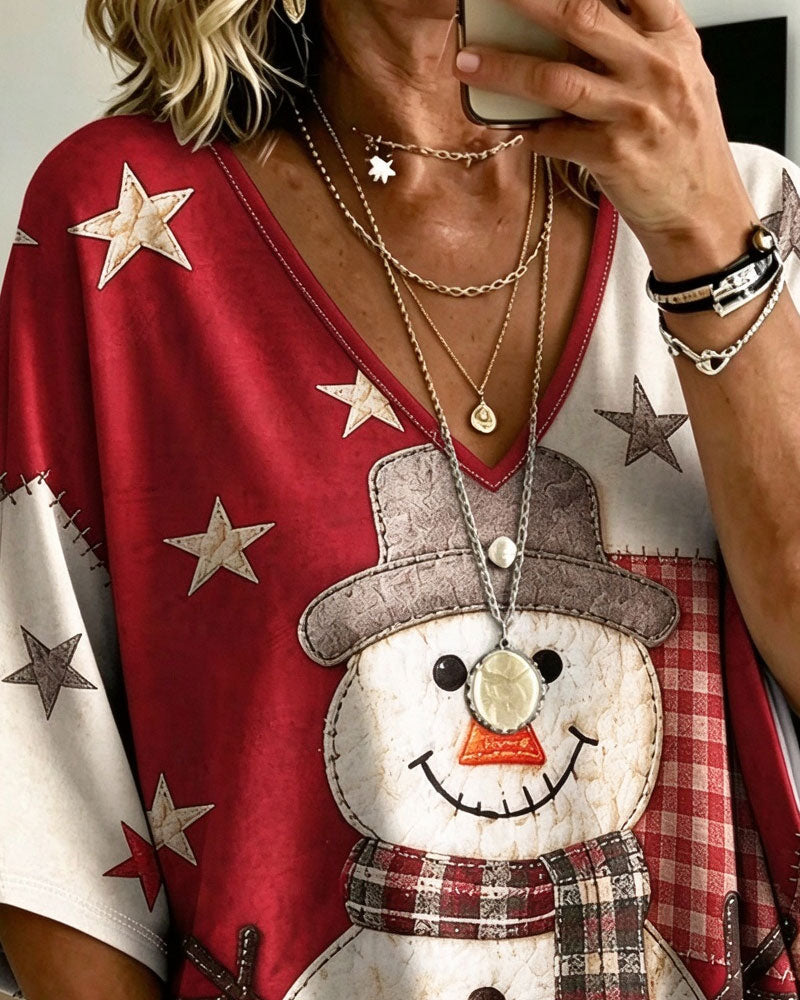 T-Shirt Weihnachten Schneemann Druck V-Ausschnitt Halbarm