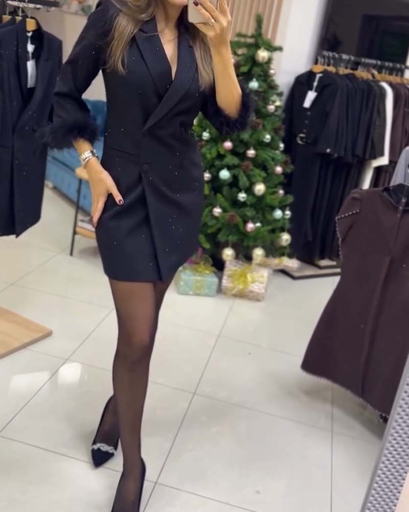 Kleid Straußenfedern Heißfixierte Kristalle Zweireihig Blazerkleid