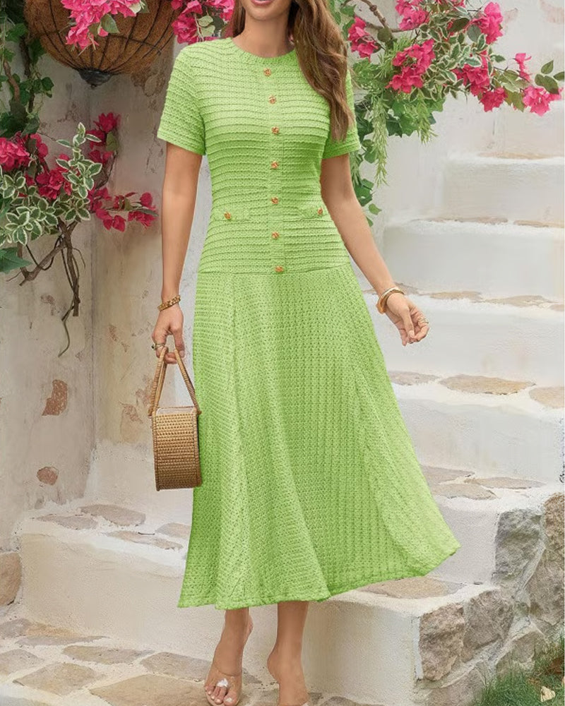 Kleid Rundhals Slim Fit Knopf Patchwork