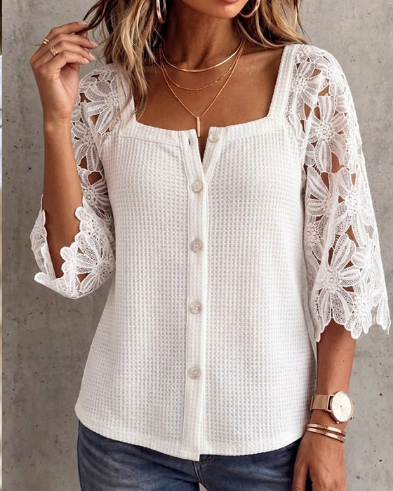 Bluse Spitze Panel Waffelgestrickt Knopf-Vorne