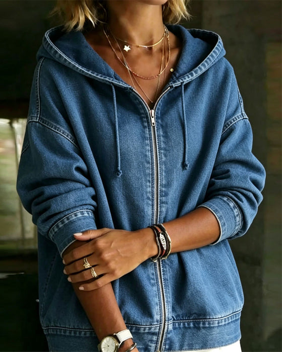 Mantel Kapuze Drop-Ärmel Reißverschluss Denim