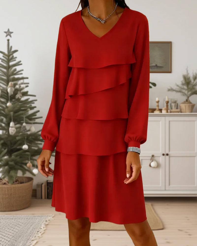 Kleid V-Ausschnitt Langarm Stufen Schicht