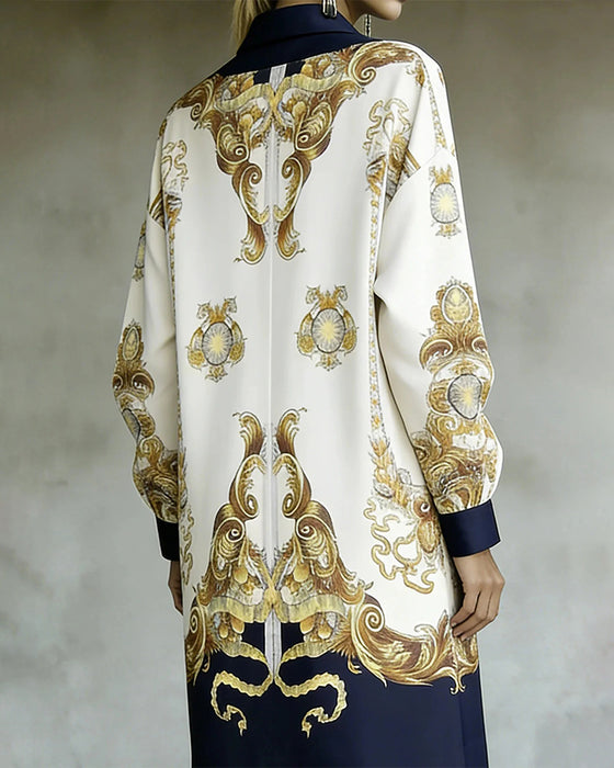 Kleid Laternenärmel bedruckt Reverskragen Hemd