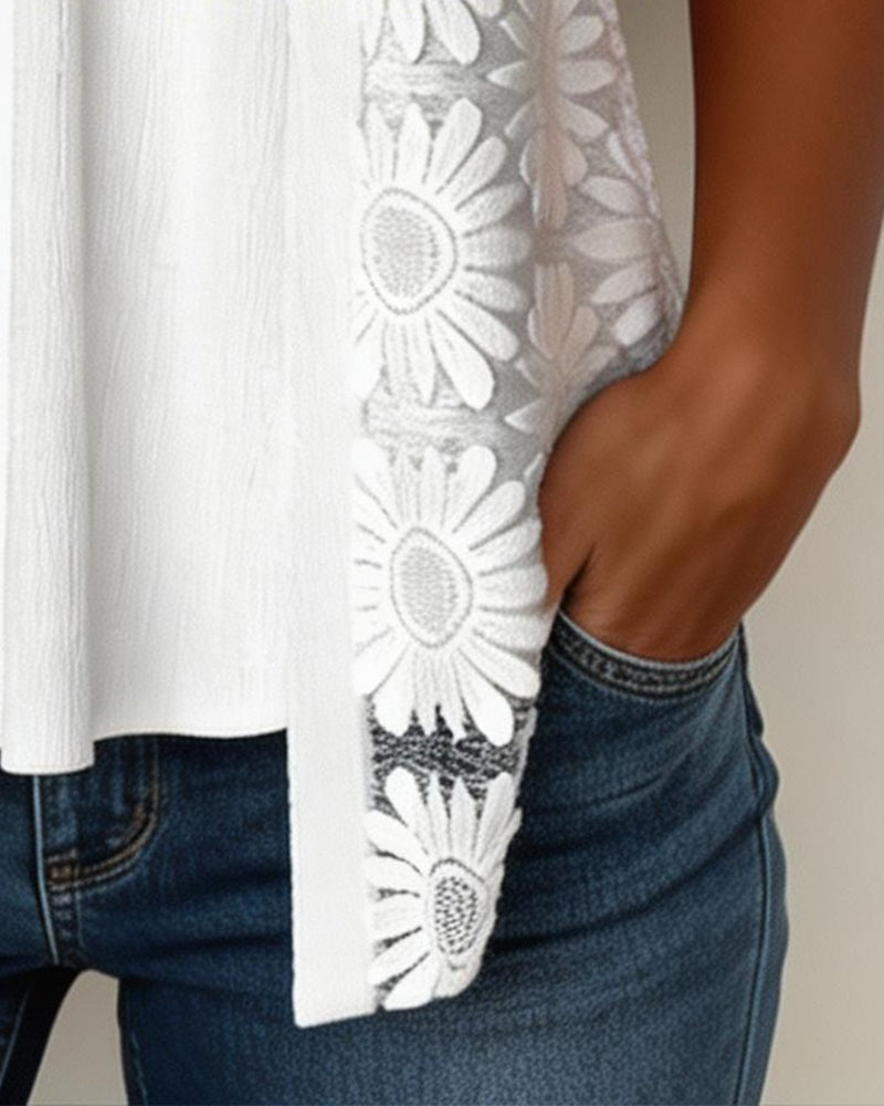 Bluse Falsch Geschichtet Gänseblümchen Spitze Patchwork