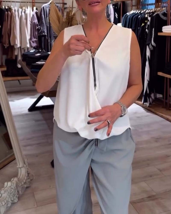 Tanktop Ärmellos Halber Reißverschluss Unifarbe