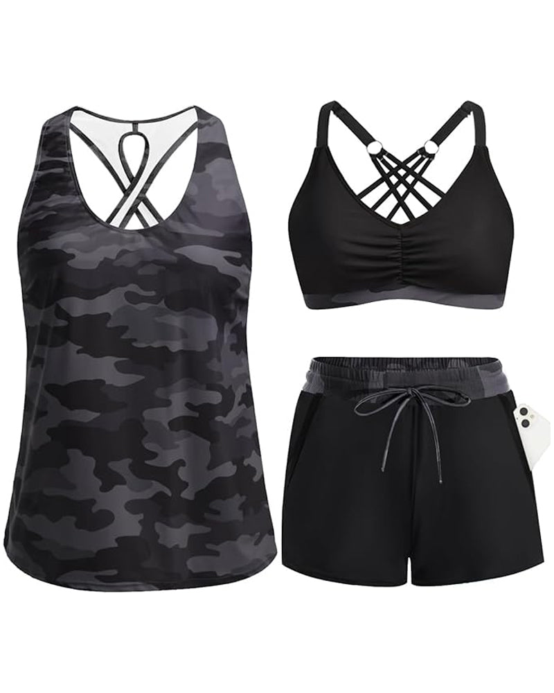 Abdeckung Und Bikini Crisscross Ärmelloses Oberteil + Kordelzug Bedruckte Hose Für