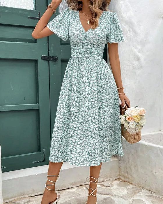 Kleid Blumen V-Ausschnitt Taille