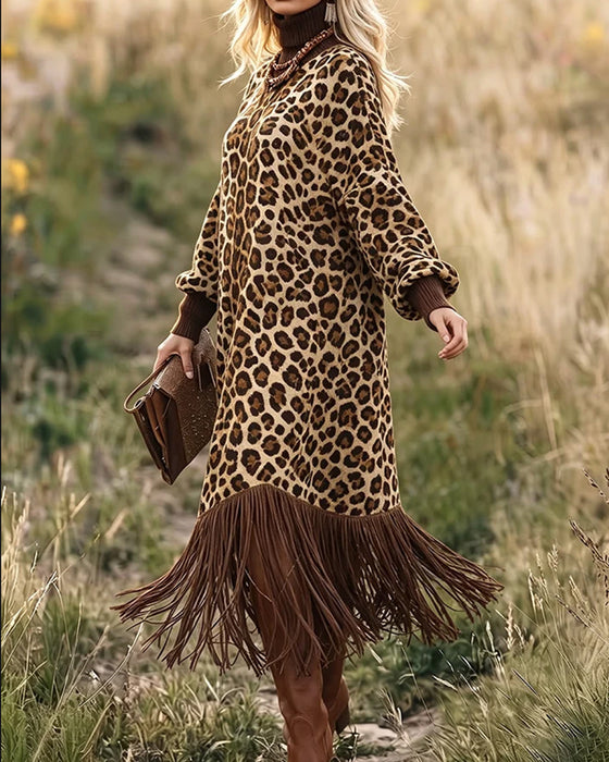 Kleid Leopardenmuster Fransenlaterne Ärmel
