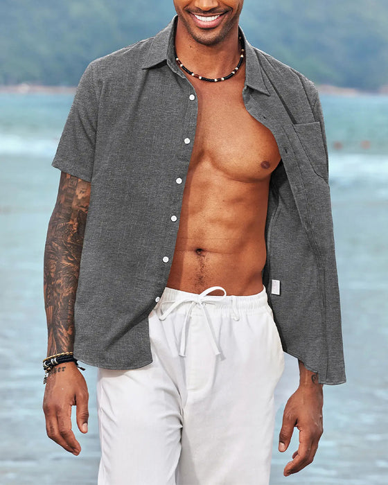 Hemd Herren Leinen Kurzarm Knopfleiste Hemd, Casual Sommer Strandkleid