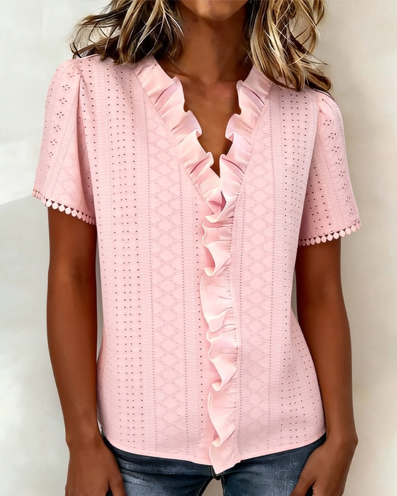Bluse Rüsche V-Ausschnitt Kurzarm Cut-Out
