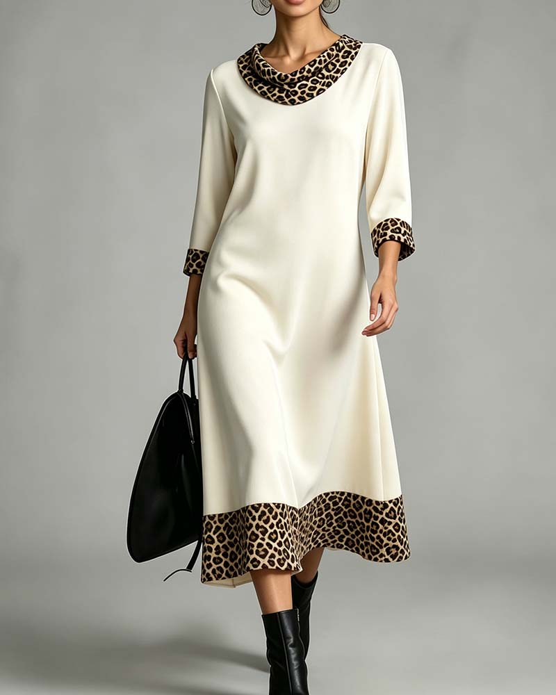Kleid Slouchy Mock Neck Leopard Ellenbogenlang Ärmel