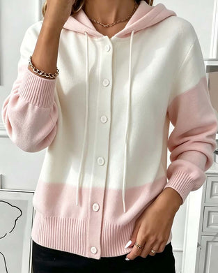 Cardigan Farbblock Mit Kapuze Einreihig Gestrickt