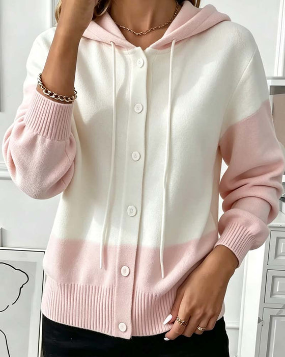 Cardigan Farbblock Mit Kapuze Einreihig Gestrickt