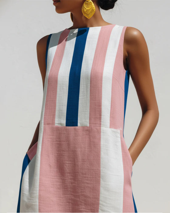 Kleid Rundhals Farbblock Vertikaler Streifen Ärmellos