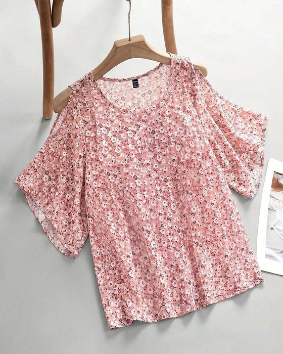 Bluse V-Ausschnitt Blumig Off-Shoulder Flügelärmel