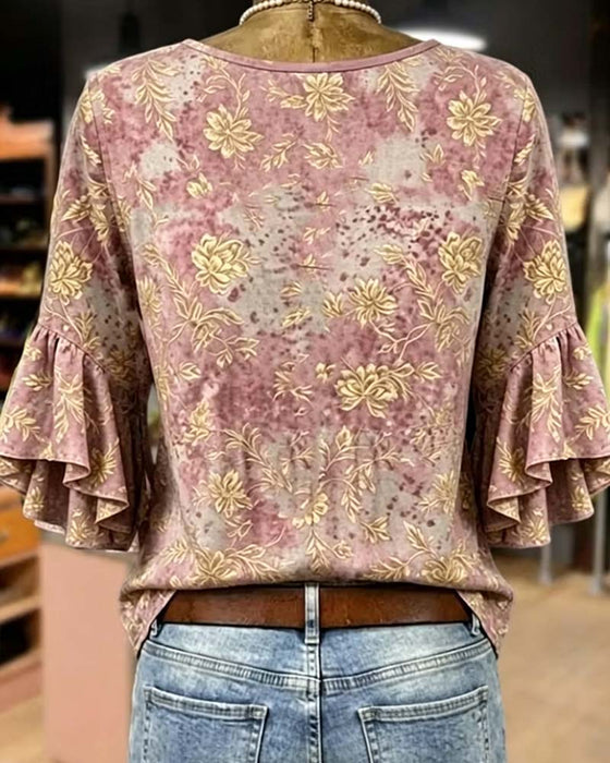 Bluse Retro-Druck locker Rüsche