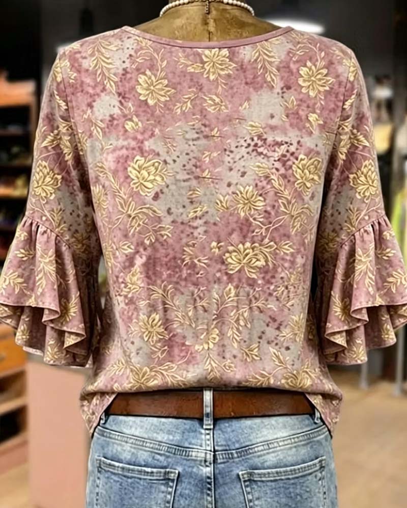 Bluse Retro-Druck locker Rüsche