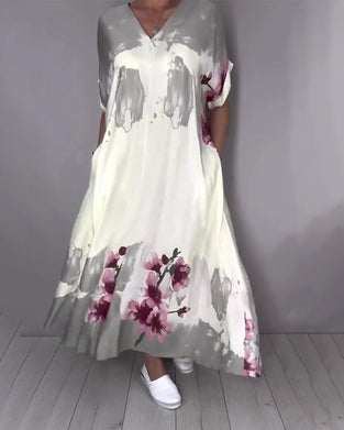 Kleid Tinte Waschen Pfirsichblüte V-Ausschnitt Maxi