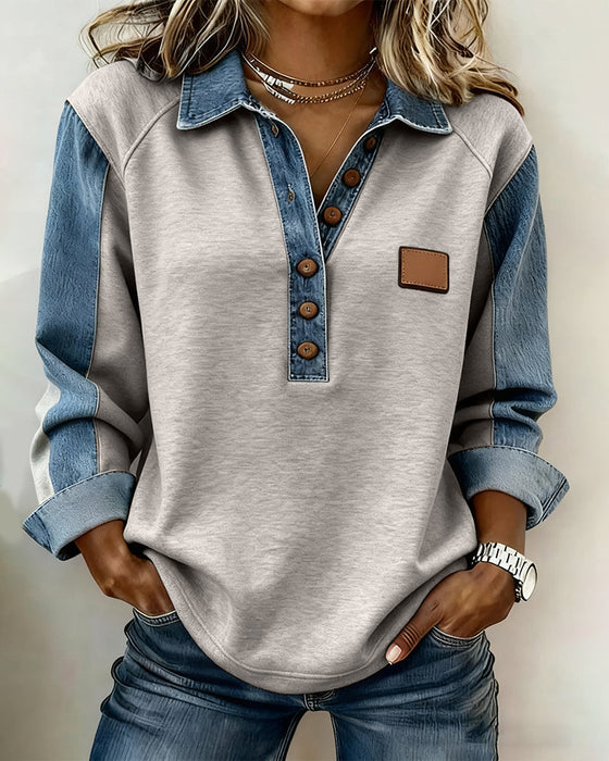 Sweatshirt mit stylischem Denim-Patchwork und langen Ärmeln