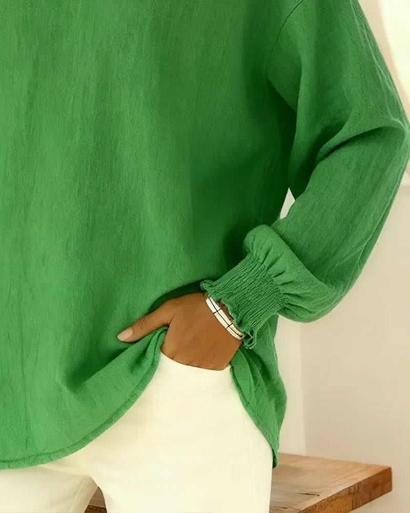 Bluse Baumwolle Laternenärmel Kragen Unifarben