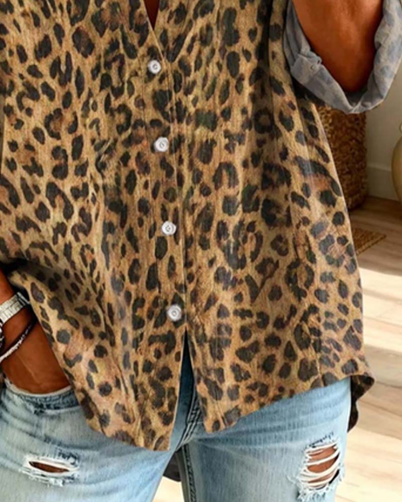 Hemd V-Ausschnitt Knopf Leopard Langarm