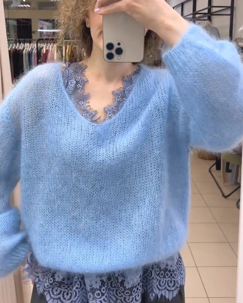 Pullover V-Ausschnitt Uni Patchwork