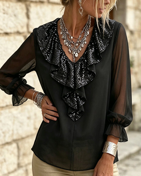德语 (German) Bluse Stilvoll V-Ausschnitt Spitzenbesatz Sheer