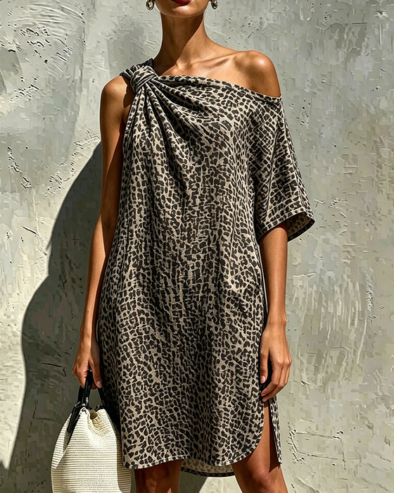 Kleid Leopardenmuster Ein-Schulter-Drehung