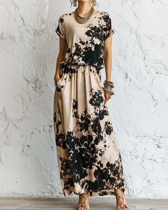 Kleid Tinte Waschen Druck Gestrickt Maxi
