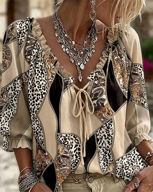 Bluse V-Ausschnitt Leopard Puffärmel Binden