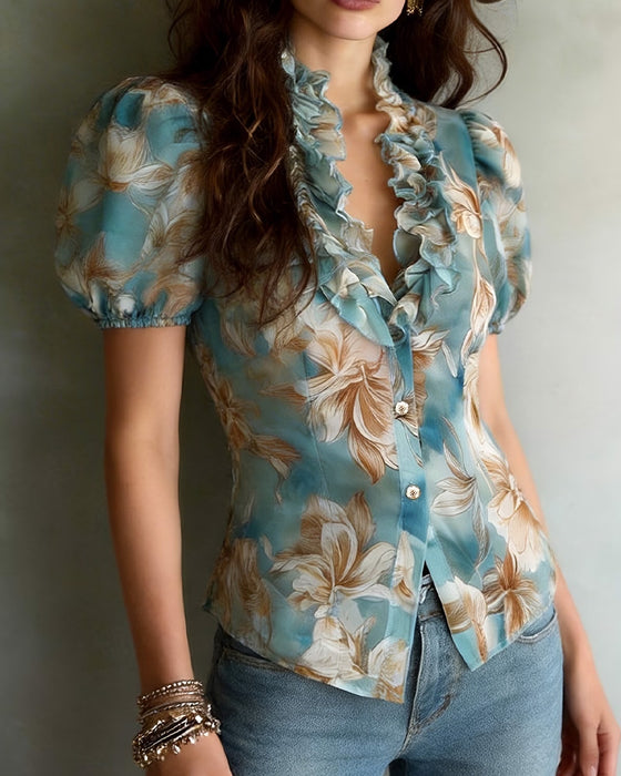 Bluse Mit Rüschen Blumig Puffärmel