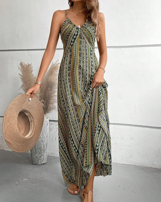 Kleid Spaghettiträger Print Strand Schlitz